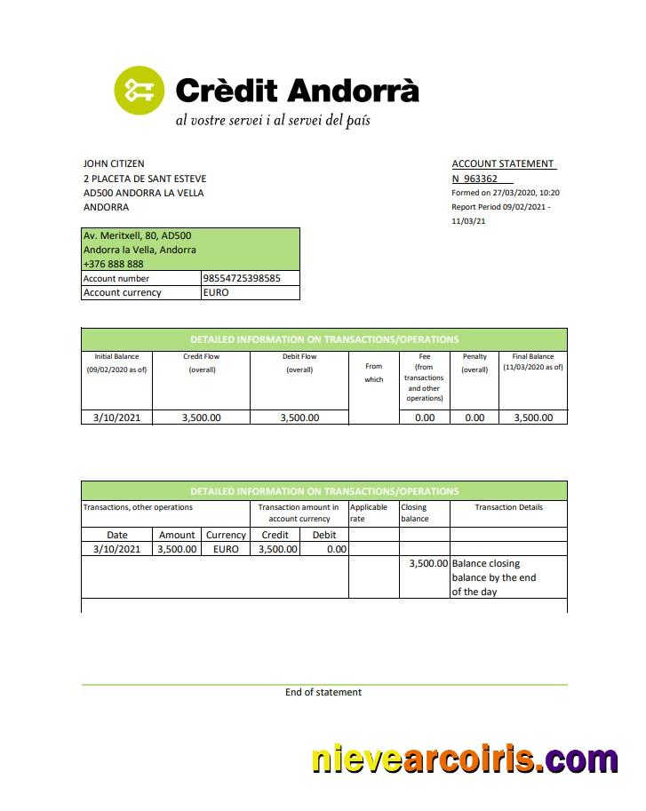 Andorra Credit Andorra bank statement in Excel and PDF format